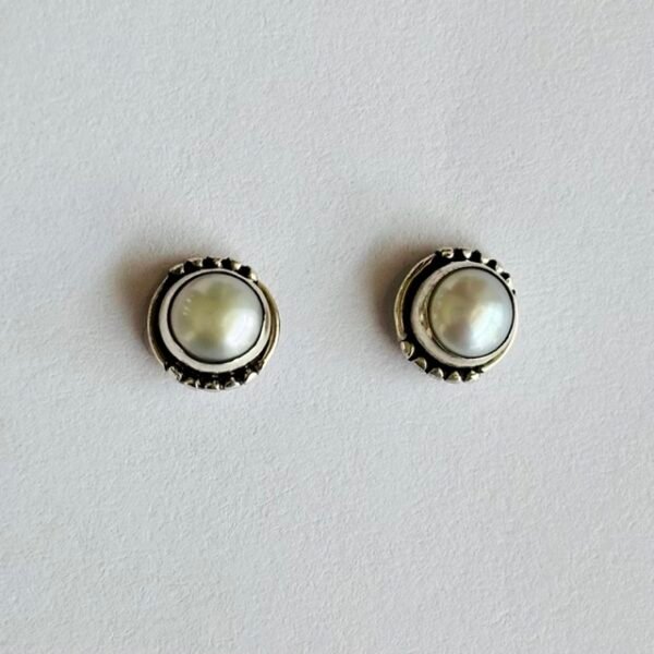 Textured Bezel Pearl Stud Earrings in Rhodium Silver