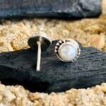 Textured Bezel Pearl Stud Earrings in Rhodium Silver - Image 3