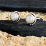 Textured Bezel Pearl Stud Earrings in Rhodium Silver - Image 2