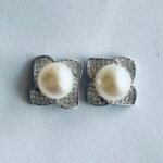 Square CZ Halo Pearl Stud Earrings in Rhodium Silver