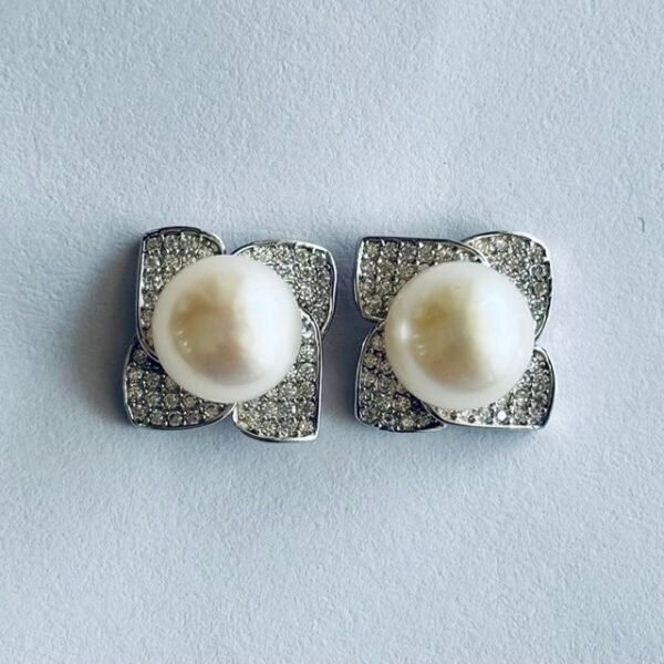 Square CZ Halo Pearl Stud Earrings in Rhodium Silver