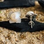 Square CZ Halo Pearl Stud Earrings in Rhodium Silver - Image 3