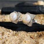 Square CZ Halo Pearl Stud Earrings in Rhodium Silver - Image 2