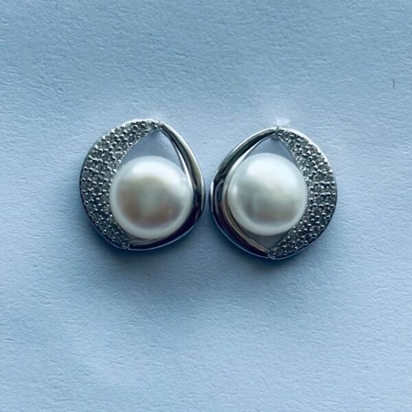 Swirl CZ and Pearl Stud Earrings in Rhodium Silver