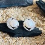 Swirl CZ and Pearl Stud Earrings in Rhodium Silver - Image 2