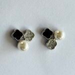 Black Stone and Pearl Cluster Studs in Rhodium Silver