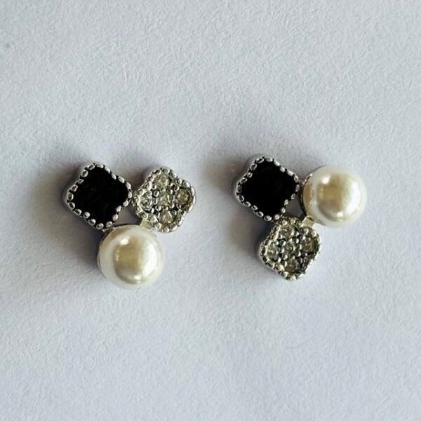 Black Stone and Pearl Cluster Studs in Rhodium Silver