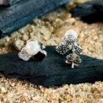 Black Stone and Pearl Cluster Studs in Rhodium Silver - Image 3