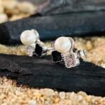 Black Stone and Pearl Cluster Studs in Rhodium Silver - Image 2