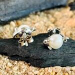 Crown Setting Pearl Stud Earrings in Rhodium Silver - Image 3
