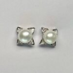 Four-Point Star CZ Pearl Stud Earrings in Rhodium Silver