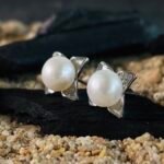 Four-Point Star CZ Pearl Stud Earrings in Rhodium Silver - Image 2