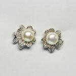 Floral CZ Halo Pearl Stud Earrings in Rhodium Silver