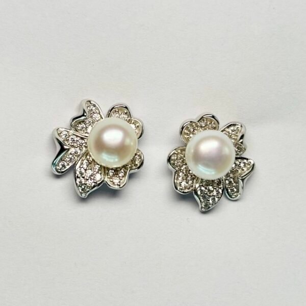 Floral CZ Halo Pearl Stud Earrings in Rhodium Silver