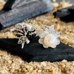 Floral CZ Halo Pearl Stud Earrings in Rhodium Silver - Image 3