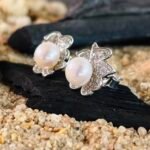 Floral CZ Halo Pearl Stud Earrings in Rhodium Silver - Image 2