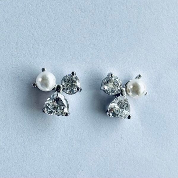 Vine Cluster CZ and Pearl Studs in Rhodium Silver