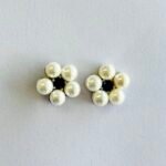 Pearl Daisy Studs with Blue Stone Center in Rhodium Silver