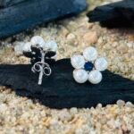 Pearl Daisy Studs with Blue Stone Center in Rhodium Silver - Image 3