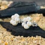 Pearl Daisy Studs with Blue Stone Center in Rhodium Silver - Image 2