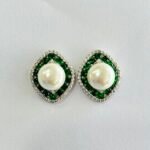 Marquise Green Stone and Pearl Halo Studs in Rhodium Silver