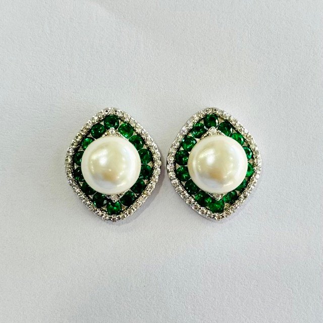 TPS-PE-015-1 Marquise Green Stone and Pearl Halo Studs in Rhodium Silver - Image 1