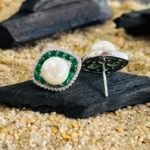 Marquise Green Stone and Pearl Halo Studs in Rhodium Silver - Image 3