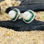 Marquise Green Stone and Pearl Halo Studs in Rhodium Silver - Image 2