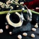 Geometric Hexagon Hoop Earrings in Rhodium Silver - Image 3