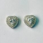Pave Heart Solitaire Stud Earrings in Rhodium Silver