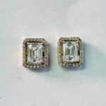 Emerald Cut Halo Solitaire Studs in Rhodium Silver