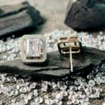 Emerald Cut Halo Solitaire Studs in Rhodium Silver - Image 3