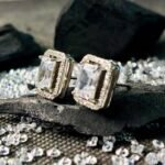 Emerald Cut Halo Solitaire Studs in Rhodium Silver - Image 2