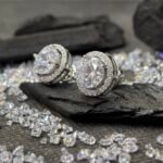 Oval Cut Halo Solitaire Stud Earrings in Rhodium Silver - Image 2