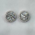 Oval Cut Halo Solitaire Stud Earrings in Rhodium Silver