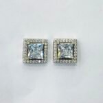 Princess Cut Halo Solitaire Studs in Rhodium Silver