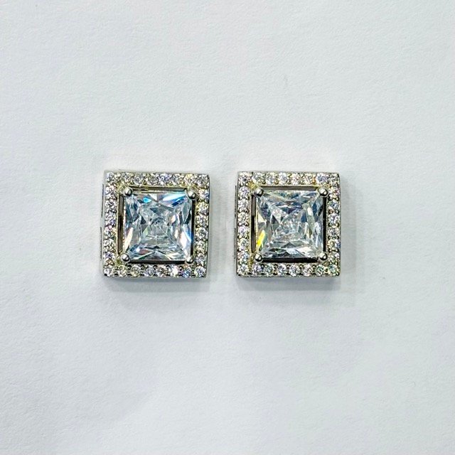 TPS-ST-009-1 Princess Cut Halo Solitaire Studs in Rhodium Silver - Image 1