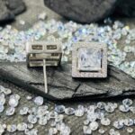 Princess Cut Halo Solitaire Studs in Rhodium Silver - Image 3