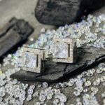 Princess Cut Halo Solitaire Studs in Rhodium Silver - Image 2