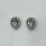 Pear Cut Halo Solitaire Stud Earrings in Rhodium Silver