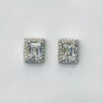 Radiant Cut Halo Solitaire Stud Earrings in Rhodium Silver