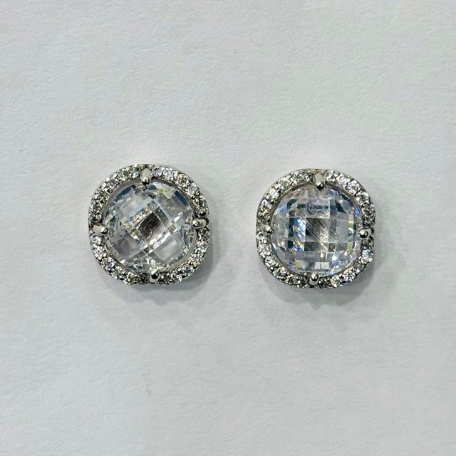 TPS-ST-013-3 Vintage Cushion Halo Solitaire Studs in Rhodium Silver - Image 1