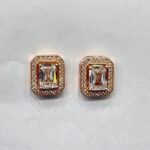 Large Emerald Cut Halo Solitaire Studs in Rhodium Silver