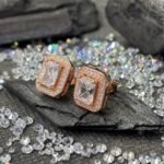 Large Emerald Cut Halo Solitaire Studs in Rhodium Silver - Image 2