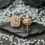 Large Emerald Cut Halo Solitaire Studs in Rhodium Silver - Image 3